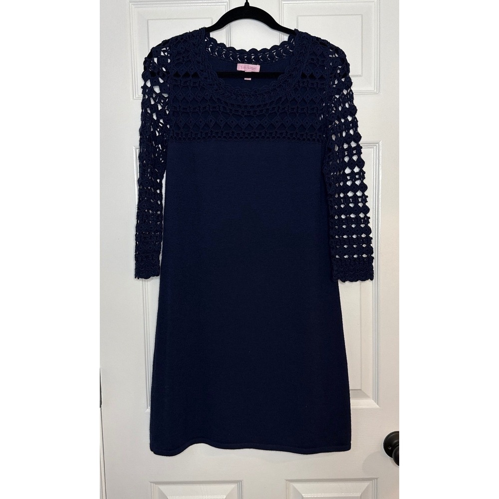 Lilly Pulitzer Navy Crochet Knit Dress 3/4 Sleeve Merino Wool Size M